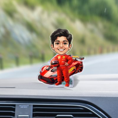 Personalized Car Racer Boy Funny Face Caricature with Shaking Head Gift for Boyfriend, Friend, Brother & Car Lover Batter Powered Moving Head Bobblehead Figurine